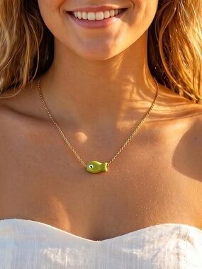 Waterproof Gold Chain Necklace with Green Fish Pendant
